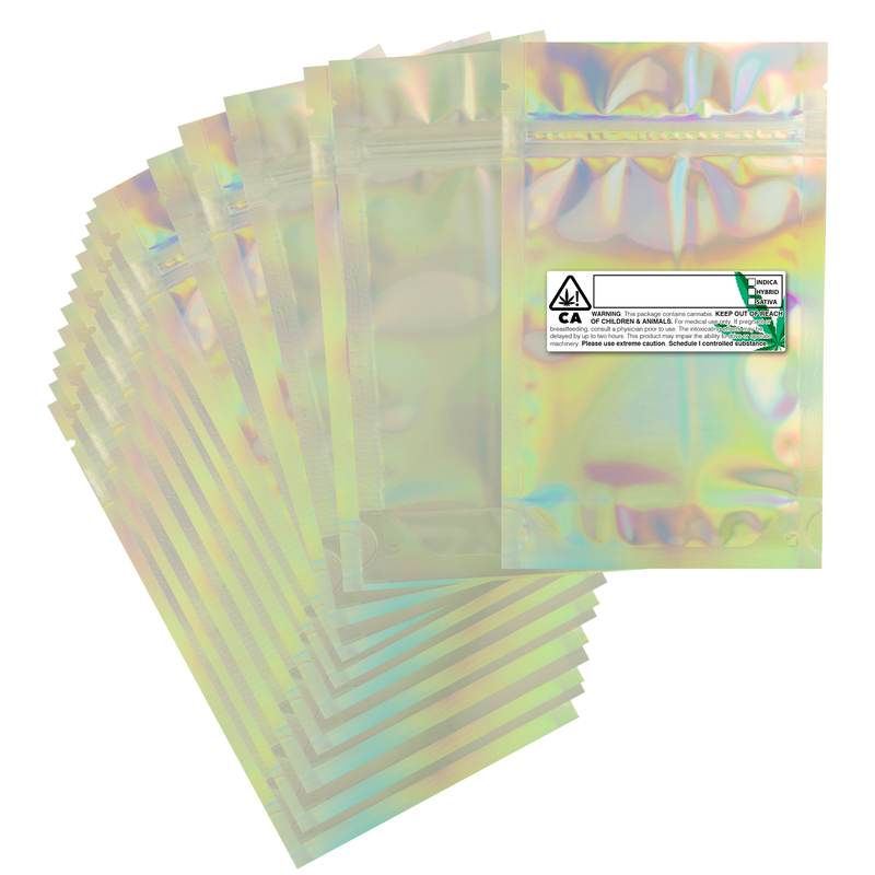 Holographic Dragon Chewer 7g quarter ounce smell proof foil mylar bags by the Caviar Locker with custom designer rx strain labels. Thick wholesale bulk dispensary custom child resistant packaging 420 long term storage barrier bags with thc stickers. 