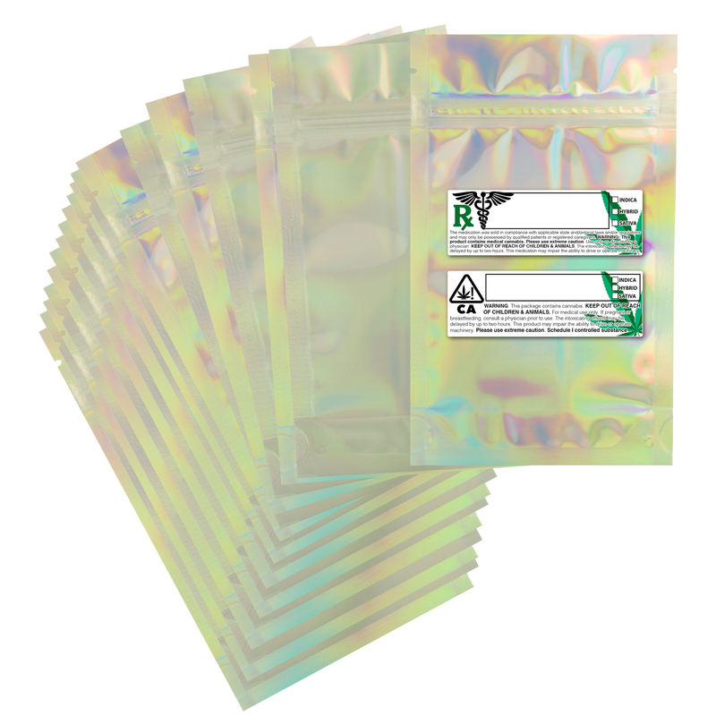 Buy 100 Holographic 7g quarter ounce smell proof mylar bags with Rx Labels - ✓ Free Shipping Available ✓ FAST Delivery ✓ Wholesale – Dragon Chewer bulk baggies 420 dispensary with rx strain thc stickers heat sealed foil odor / scent proof custom zipper storage packaging 4 X 5 barrier bags by Caviar Locker.