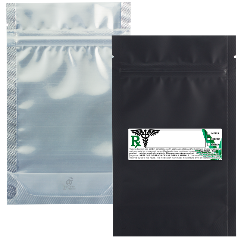 7 Gram 4 X 6 Matte Black / Clear – Wholesale smell proof zipper mylar bags with Rx printed labels – bulk packaging supplies. 100 foil dispensary storage bags & Rx stickers. 4 MIL – The best mylar bags – lowest prices. 