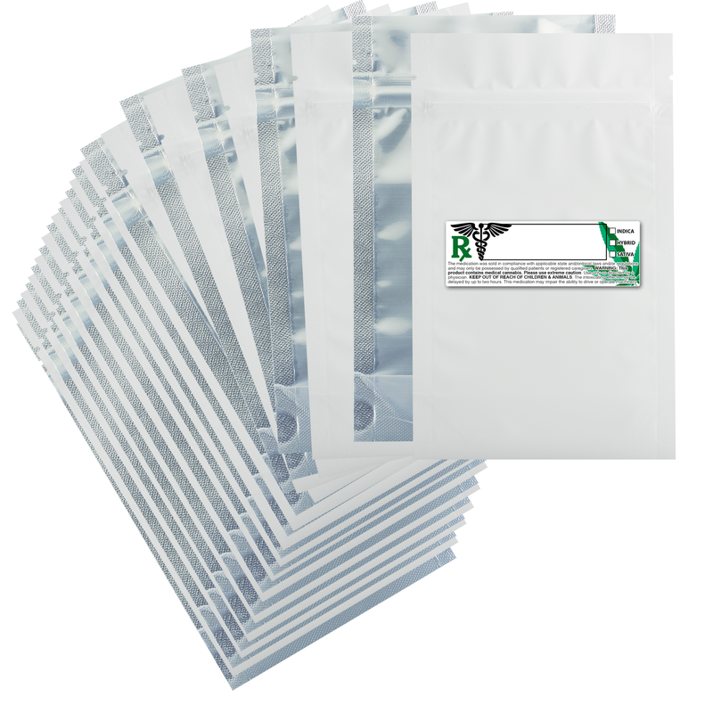 7 Gram 4 X 6 Matte White / Clear – Wholesale smell proof zipper mylar bags with Rx printed labels – bulk packaging supplies. 100 foil dispensary storage bags & Rx stickers. 4 MIL – The best mylar bags – lowest prices. 