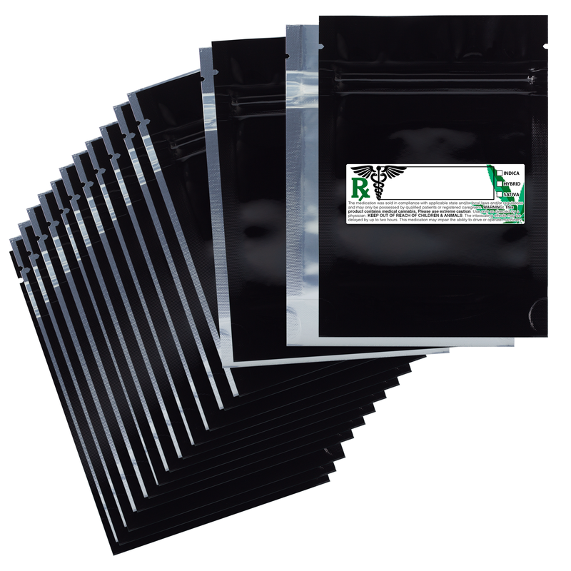 3.5g Gram 3 X 5 Black / Clear – Wholesale smell proof zipper mylar bags with Rx printed labels – bulk packaging supplies. 100 foil dispensary storage bags & Rx stickers. 4 MIL – The best mylar bags – lowest prices. 