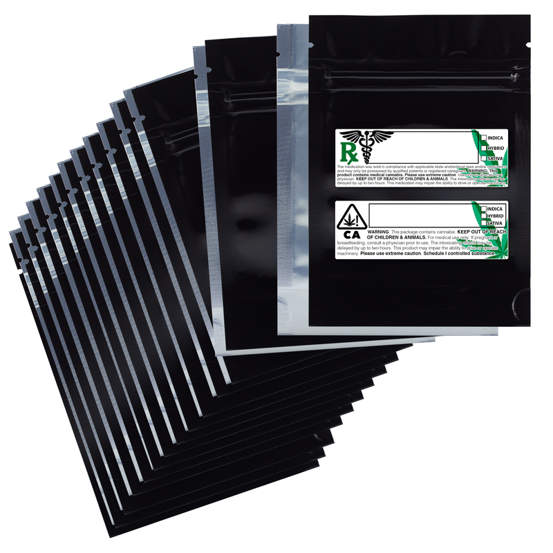 Black / Clear Dragon Chewer 3.5g 1/8th smell proof foil mylar bags by the Caviar Locker with custom designer rx strain labels. Thick wholesale bulk dispensary custom child resistant packaging 420 long term storage barrier bags with thc stickers. 