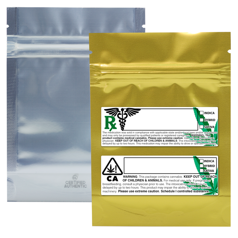 3.5g Gram 3 X 5 Gold – Wholesale 420 smell proof zipper mylar bags with custom printed labels – bulk packaging supplies. 100 foil dispensary storage bags & Rx stickers. 4 MIL – The best mylar bags – lowest prices. 