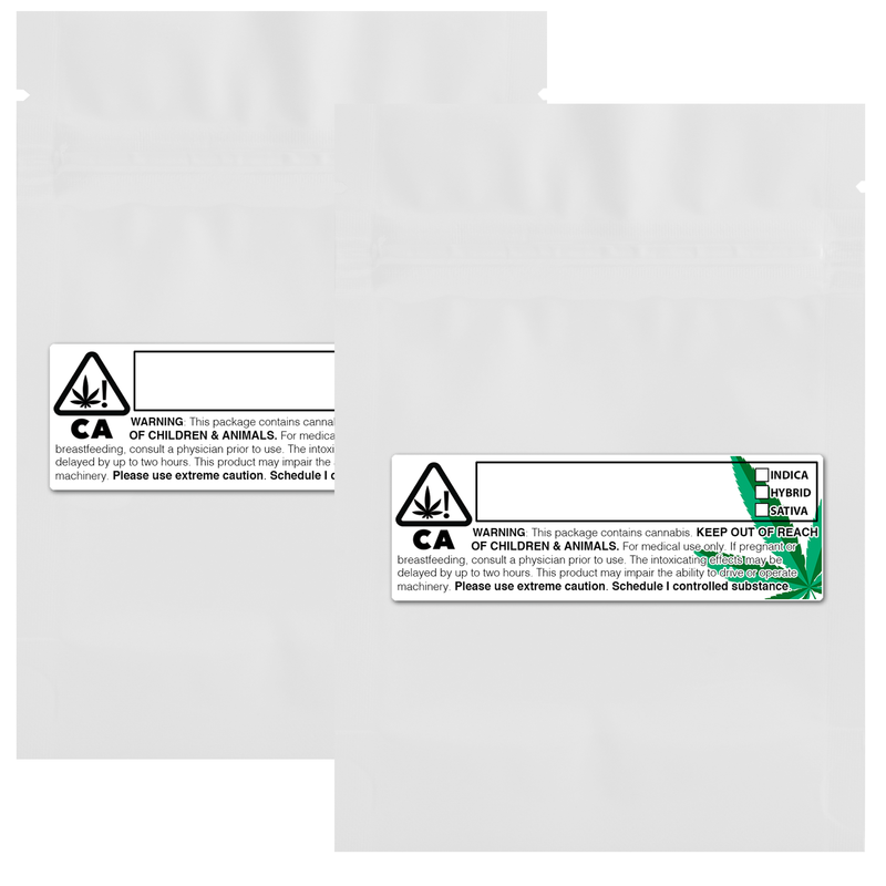 3.5g Gram 3 X 5 Gloss White – Wholesale 420 smell proof zipper mylar bags with custom printed labels – bulk packaging supplies. 100 foil dispensary storage bags & Rx stickers. 4 MIL – The best mylar bags – lowest prices. 