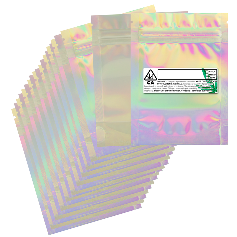 Holographic Dragon Chewer 3.5g 1/8th ounce smell proof foil mylar bags by the Caviar Locker with custom designer rx strain labels. Thick wholesale bulk dispensary custom child resistant packaging 420 long term storage barrier bags with thc stickers. 