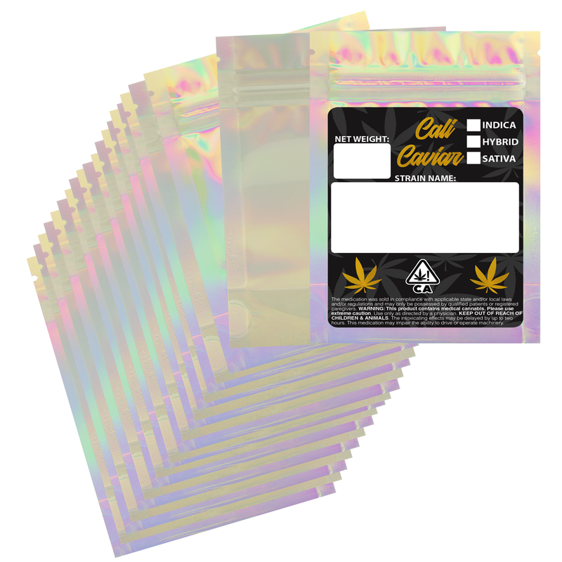 1/8 Ounce Gloss Holographic & Clear Designer Custom Mylar Bags + Labels (100 qty.)