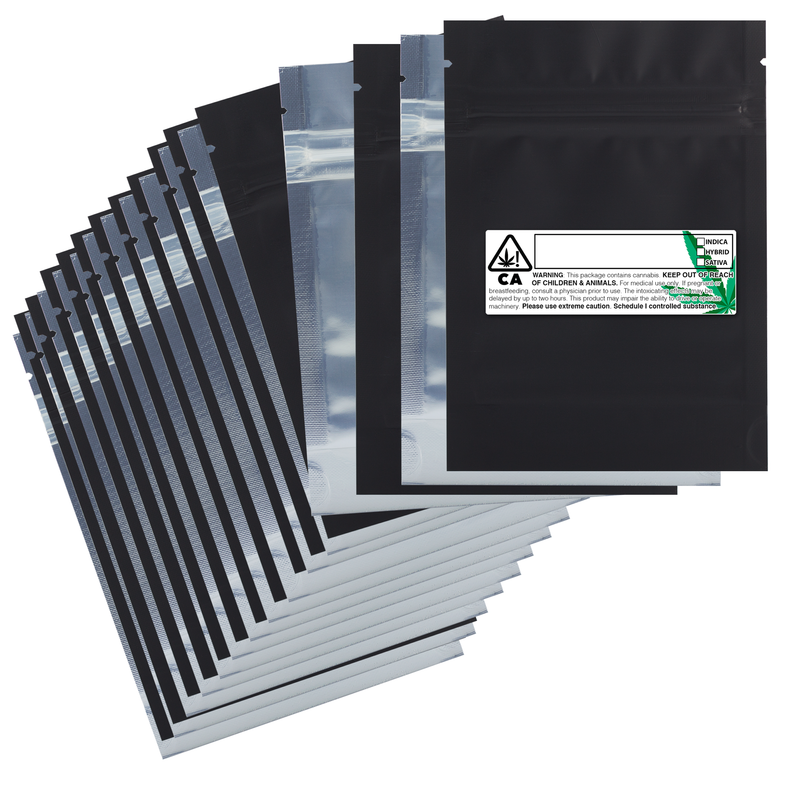 3.5g Gram 3 X 5 Matte Black / Clear – Wholesale smell proof zipper mylar bags with Rx printed labels – bulk packaging supplies. 100 foil dispensary storage bags & Rx stickers. 4 MIL – The best mylar bags – lowest prices. 