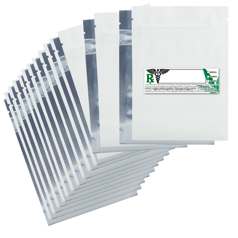 3.5g Gram 3 X 5 Matte White / Clear – Wholesale smell proof zipper mylar bags with Rx printed labels – bulk packaging supplies. 100 foil dispensary storage bags & Rx stickers. 4 MIL – The best mylar bags – lowest prices. 