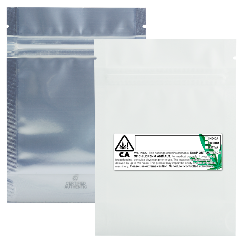 Matte White Dragon Chewer 3.5g 1/8th ounce smell proof foil mylar bags by the Caviar Locker with custom designer rx strain labels. Thick wholesale bulk dispensary custom child resistant packaging 420 long term storage barrier bags with thc stickers. 