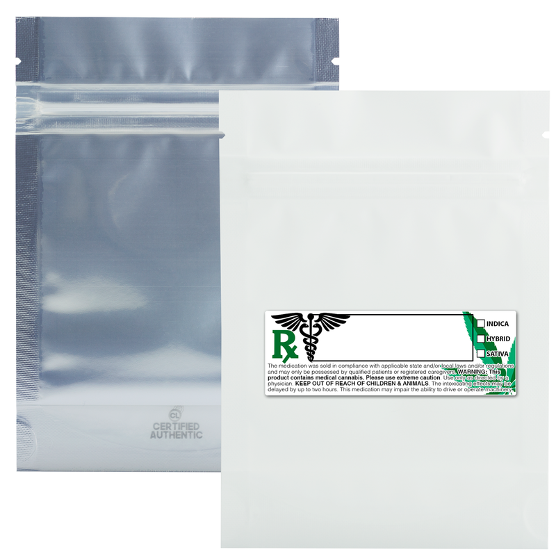 3.5g Gram 3 X 5 Matte White / Clear – Wholesale smell proof zipper mylar bags with Rx printed labels – bulk packaging supplies. 100 foil dispensary storage bags & Rx stickers. 4 MIL – The best mylar bags – lowest prices. 