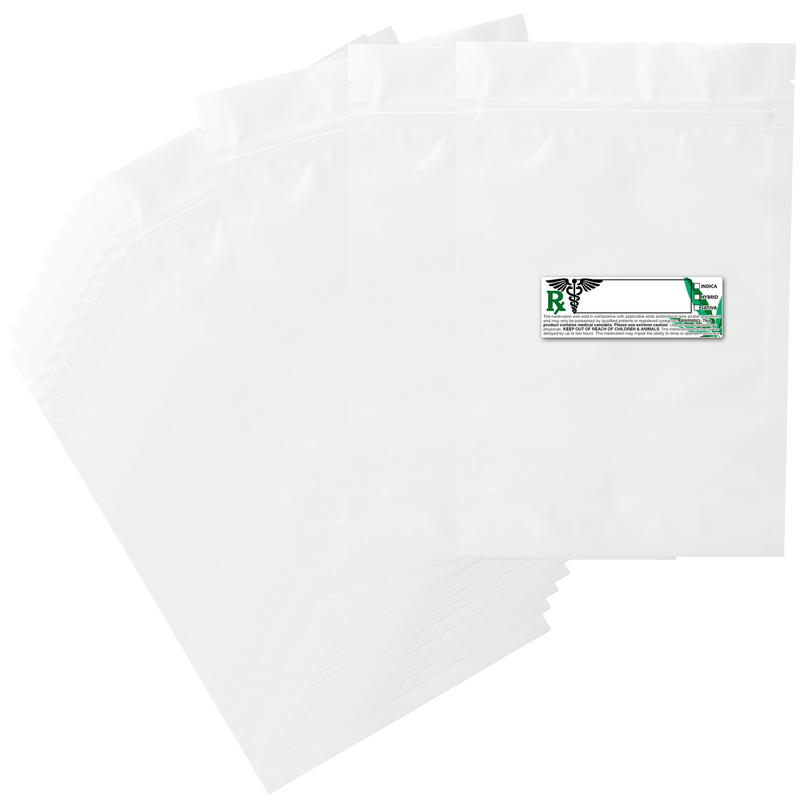 28 Gram 6 X 9 Gloss White – Wholesale 420 smell proof zipper mylar bags with custom printed labels – bulk packaging supplies. 100 foil dispensary storage bags & Rx stickers. 4 MIL – The best mylar bags – lowest prices. 