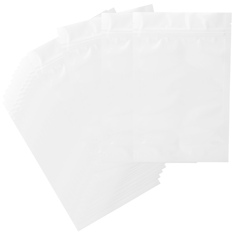 Gloss White Opaque Dragon Chewer 28g ounce smell proof mylar bags by the Caviar Locker. Thick wholesale bulk dispensary custom child resistant packaging 420 barrier bags. 