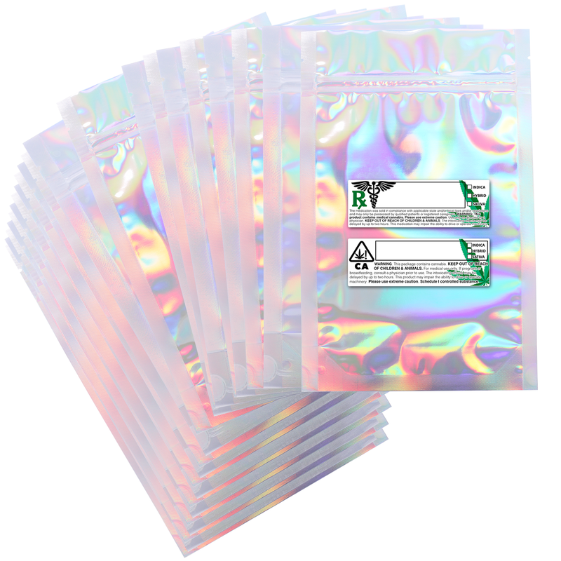 1 ounce dispensary 6 x 9 smell proof mylar bags with custom rx labels holographic rainbow oil slick color