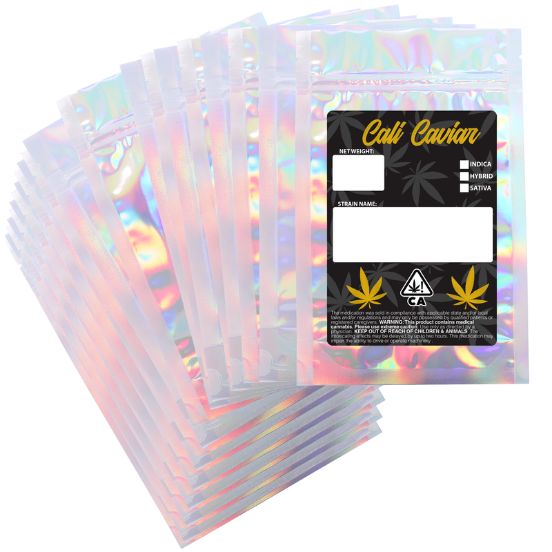 1 Ounce Gloss Holographic & Clear Designer Custom Mylar Bags + Labels (100 qty.)