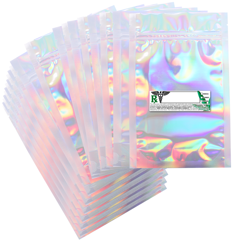 1 ounce dispensary generic rx labels 6 x 9 smell proof mylar bags with custom rx labels holographic rainbow oil slick color
