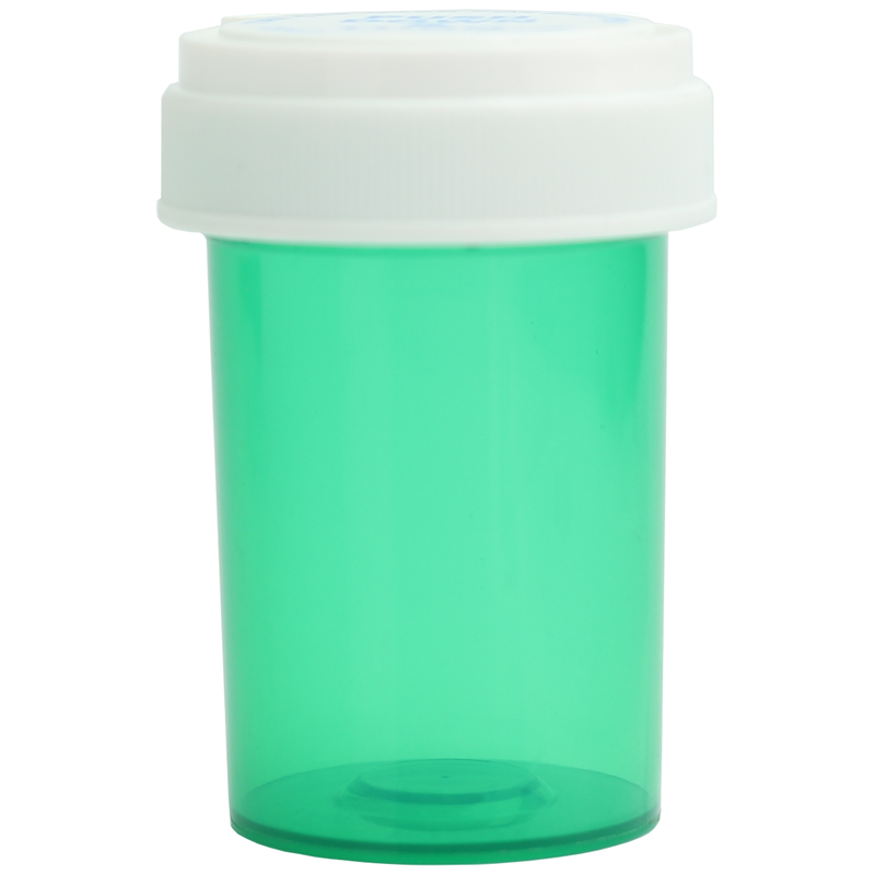 Translucent Green 20 Dram Reversible Top Pharmacy vials and bottles by Dragon Chewer. Wholesale bulk dispensary child resistant packaging supplies.