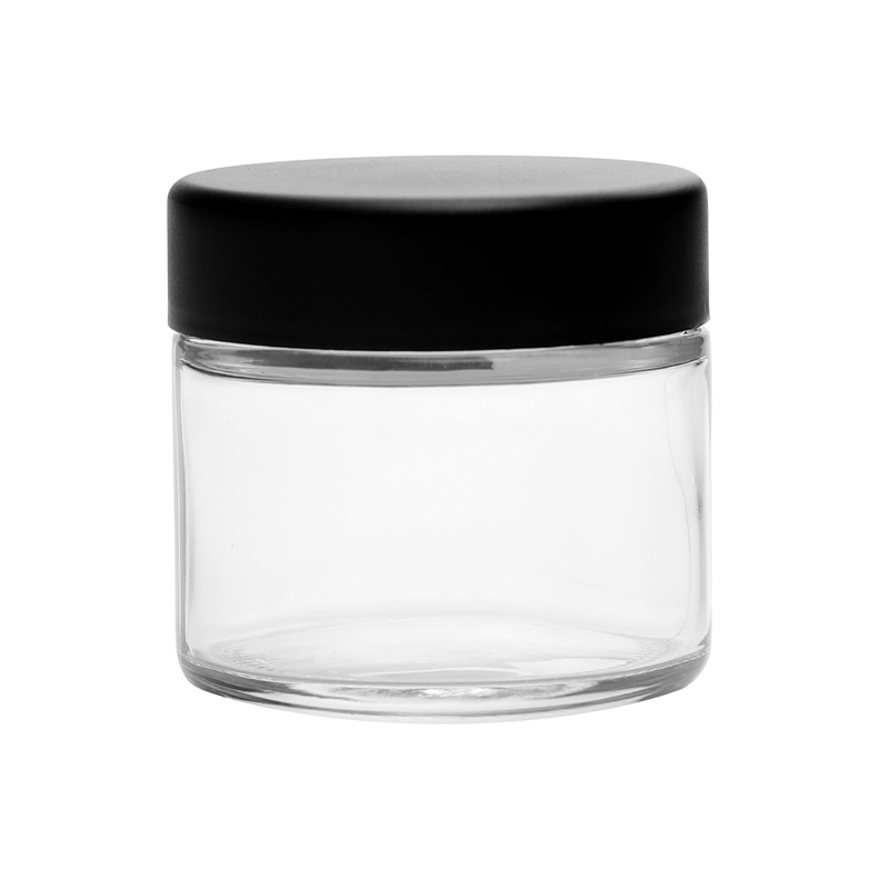 2 Ounce Clear Glass Jar - Child Resistant Black Smooth Cap - (200 qty.)