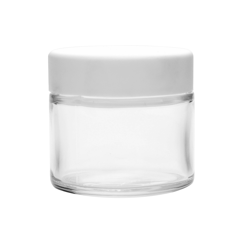 2 Ounce Clear Glass Jar - Child Resistant White Smooth Cap - (200 qty.)