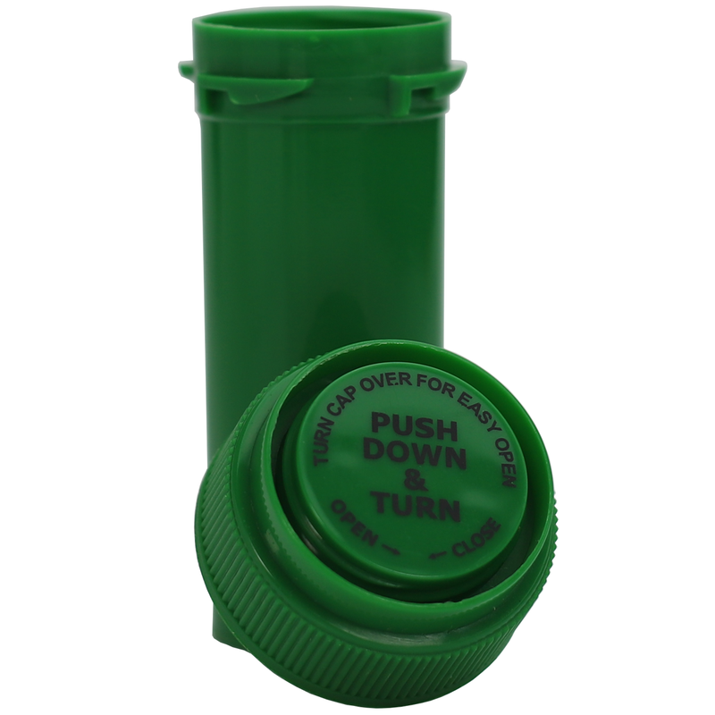 Green 8 Dram Reversible Top Pharmacy vials and bottles by Dragon Chewer. Wholesale bulk dispensary child resistant packaging supplies.