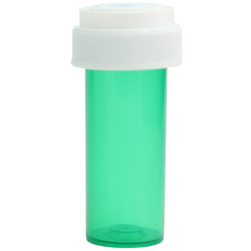 Translucent Green 8 Dram Reversible Top Pharmacy vials and bottles by Dragon Chewer. Wholesale bulk dispensary child resistant packaging supplies.