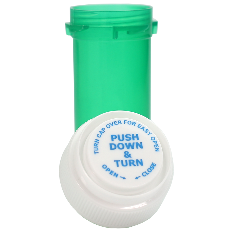 Translucent Green 8 Dram Reversible Top Pharmacy vials and bottles by Dragon Chewer. Wholesale bulk dispensary child resistant packaging supplies.