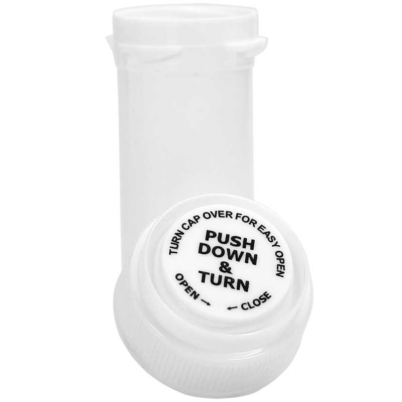White 8 Dram Reversible Top Pharmacy vials and bottles by Dragon Chewer. Wholesale bulk dispensary child resistant packaging supplies.