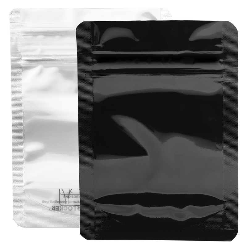 1/8th Ounce 3.5g CR Exit Bags Gloss Black / Clear Mylar Bags - Child Resistant - (50 qty.)