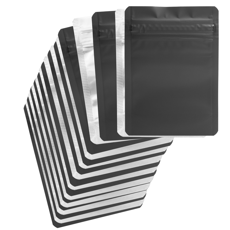 1/8th Ounce 3.5g CR Exit Bags Matte Black / Clear Mylar Bags - Child Resistant - (1,000 qty.)