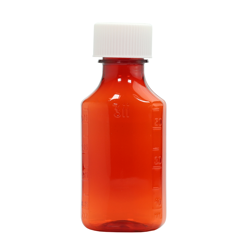 60ml 2 ounce amber fluid oval liquid vial or bottles. Liquid or syrup child resistant wholesale containers by Dragon Chewer.  Dispensary child resistant packaging solutions.