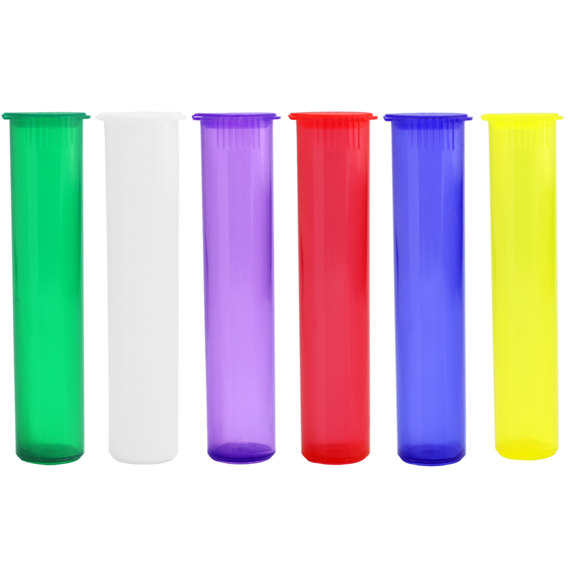 Mixed Colors 98 mm joint tubes, pre roll tubes, pre roll vials, pre roll jars, pre roll containers. Wholesale dragon chewer child resistant dispensary pre roll packaging supplies. Bulk smell proof squeeze top style doob tubes. Best custom pre roll dispensary packaging. 