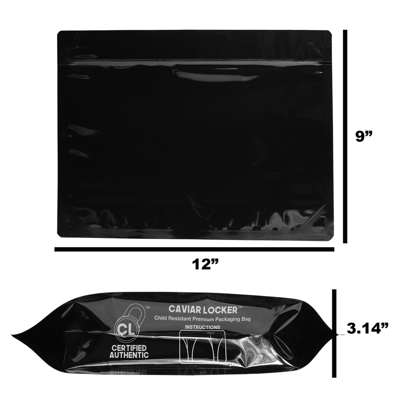 Large 12 x 9 CR Exit Bags Gloss Black Opaque Mylar Bags - Child Resistant - (50 qty.)