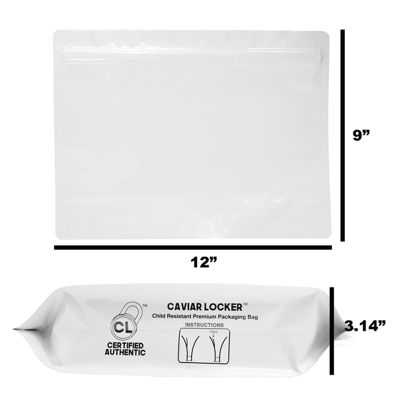 Large 12 x 9 CR Exit Bags Gloss White Opaque Mylar Bags - Child Resistant - (50 qty.)
