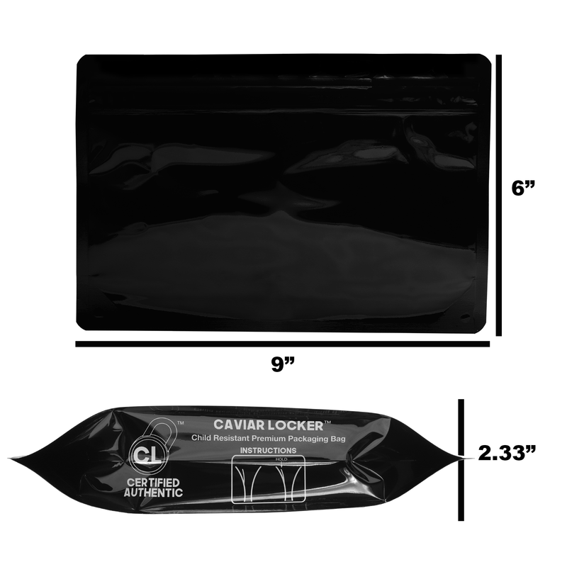 Medium 9 x 6 CR Exit Bags Gloss Black Opaque Mylar Bags - Child Resistant - (1,200 qty.)
