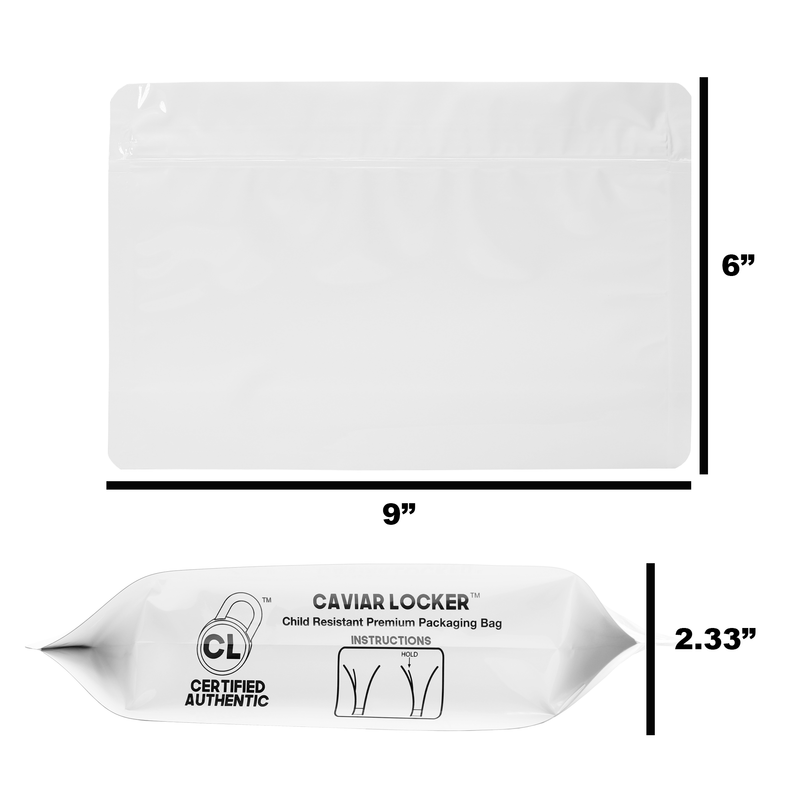 Medium 9 x 6 CR Exit Bags Gloss White Opaque Mylar Bags - Child Resistant - (1,200 qty.)
