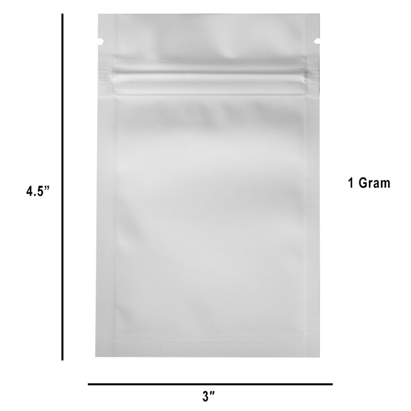 1 Gram 3 X 4 Matte White / Clear – Wholesale 420 smell proof zipper mylar bags – bulk packaging supplies. 1,000 foil odor / scent proof & dispensary storage bags. 4 MIL – The best mylar bags – lowest prices. 