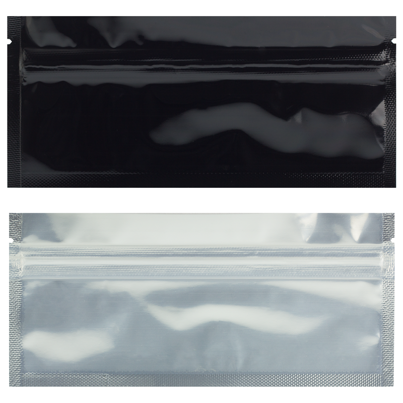 Pre Roll Black / Clear – Wholesale 420 smell proof zipper mylar bags – bulk compliant packaging supplies. 1,000 thick heat sealed foil odor / scent proof & tamper evident dispensary storage bags.