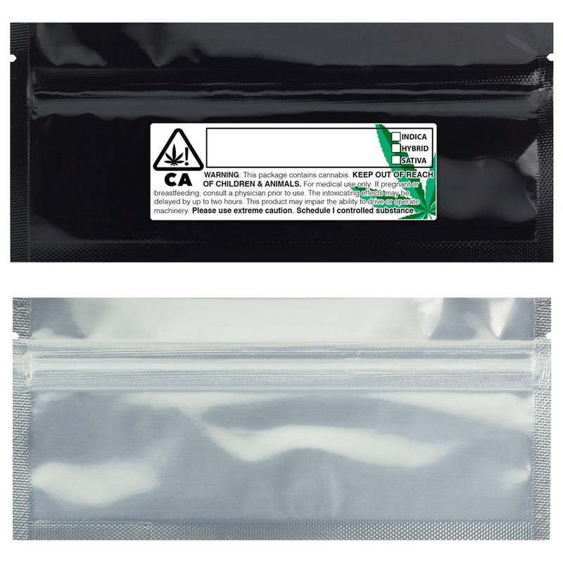 Pre Roll Black / Clear – Wholesale smell proof zipper mylar bags with Rx printed labels – bulk packaging supplies. 100 foil dispensary storage bags & Rx stickers. 4 MIL – The best mylar bags – lowest prices. 