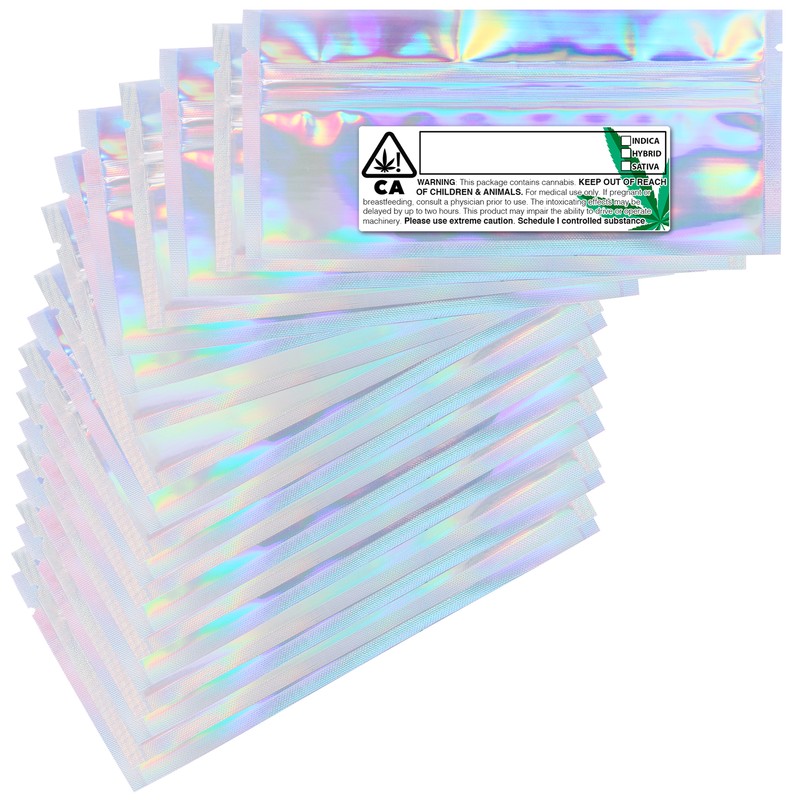 Pre Roll holographic mylar packaging bags bulk with California labels
