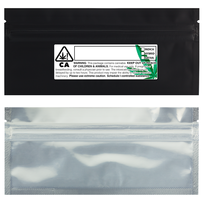 Pre Roll Matte Black / Clear – Wholesale smell proof zipper mylar bags with Rx printed labels – bulk packaging supplies. 100 foil dispensary storage bags & Rx stickers. 4 MIL – The best mylar bags – lowest prices. 