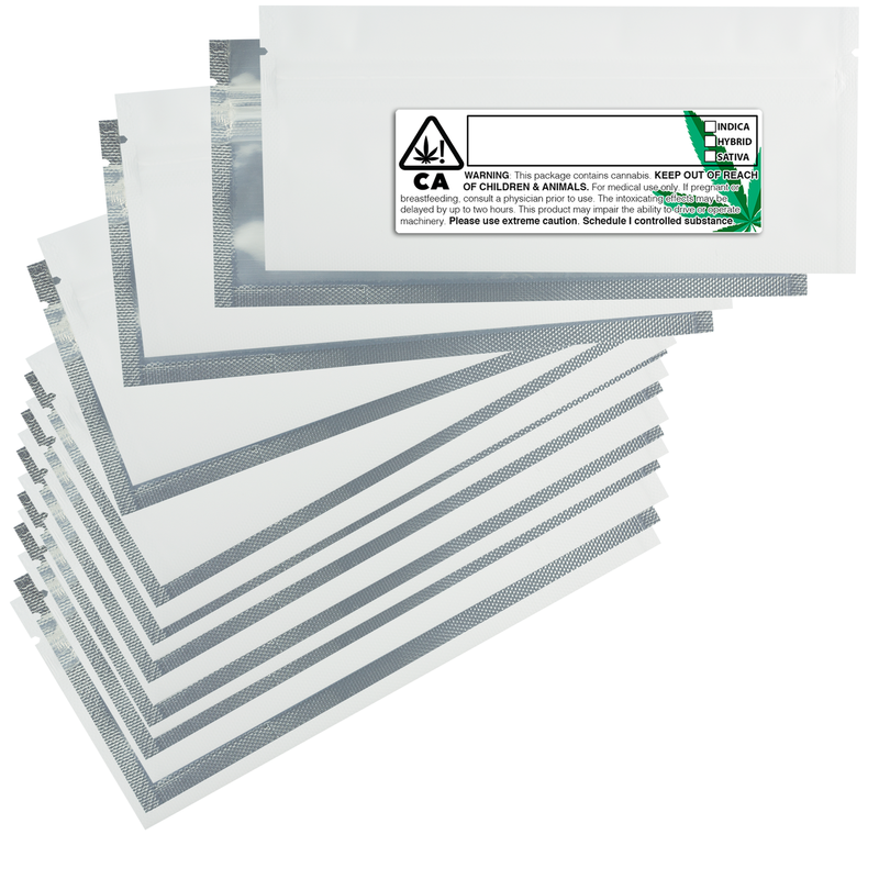 Pre Roll Matte White / Clear – Wholesale smell proof zipper mylar bags with Rx printed labels – bulk packaging supplies. 100 foil dispensary storage bags & Rx stickers. 4 MIL – The best mylar bags – lowest prices. 