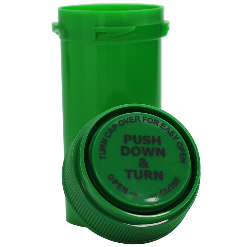 Green 13 Dram Reversible Top Pharmacy vials and bottles by Dragon Chewer. Wholesale bulk dispensary child resistant packaging supplies.