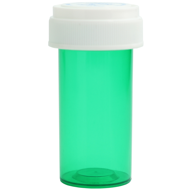 Translucent Green 13 Dram Reversible Top Pharmacy vials and bottles by Dragon Chewer. Wholesale bulk dispensary child resistant packaging supplies.