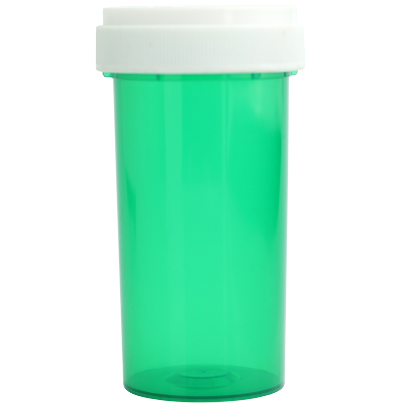 Translucent Green 40 Dram Reversible Top Pharmacy vials and bottles by Dragon Chewer. Wholesale bulk dispensary child resistant packaging supplies.