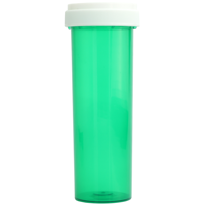 Translucent Green 60 Dram Reversible Top Pharmacy vials and bottles by Dragon Chewer. Wholesale bulk dispensary child resistant packaging supplies.