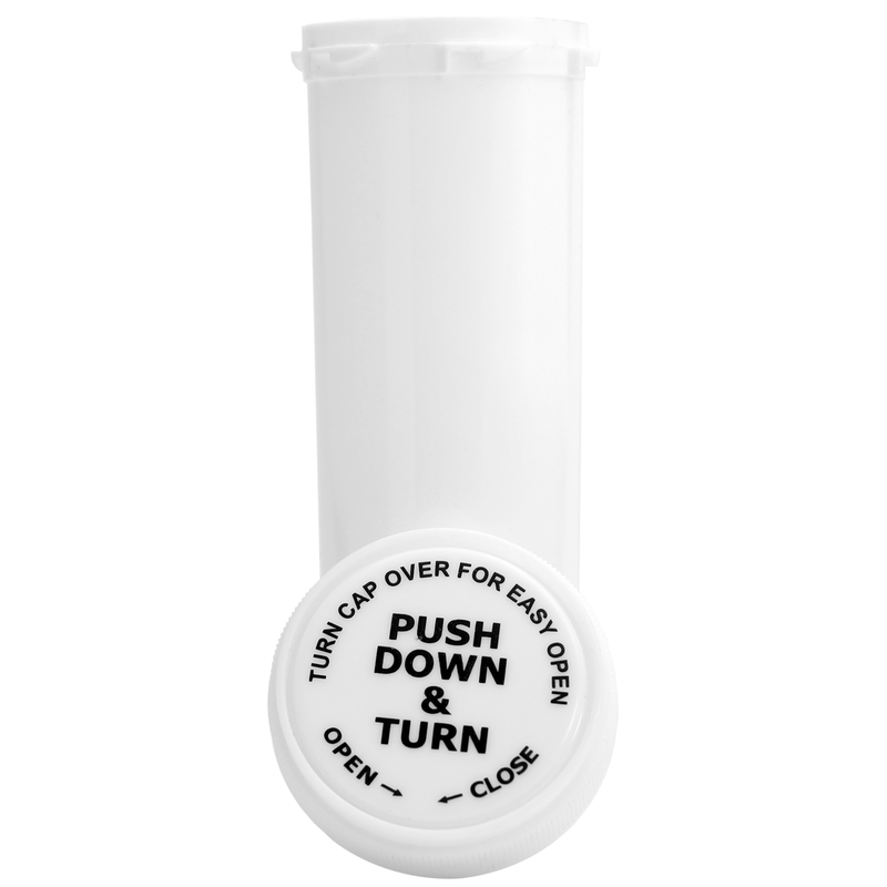 White 60 Dram Reversible Top Pharmacy vials and bottles by Dragon Chewer. Wholesale bulk dispensary child resistant packaging supplies.