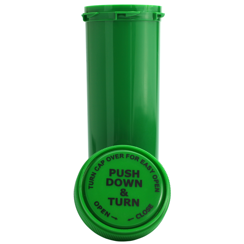 Green 60 Dram Reversible Top Pharmacy vials and bottles by Dragon Chewer. Wholesale bulk dispensary child resistant packaging supplies.