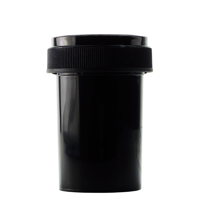 Black 20 Dram Reversible Top Pharmacy vials and bottles by Dragon Chewer. Wholesale bulk dispensary child resistant packaging supplies.