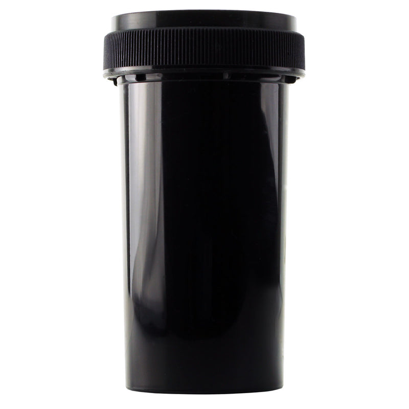 Black 40 Dram Reversible Top Pharmacy vials and bottles by Dragon Chewer. Wholesale bulk dispensary child resistant packaging supplies.